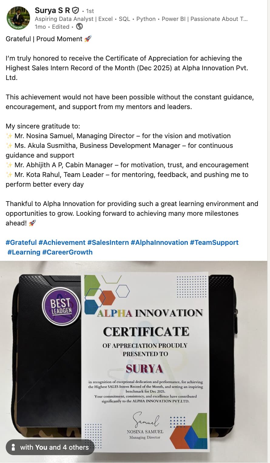 Surya S R LinkedIn post