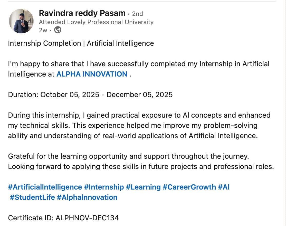Ravindra Reddy Pasam LinkedIn post