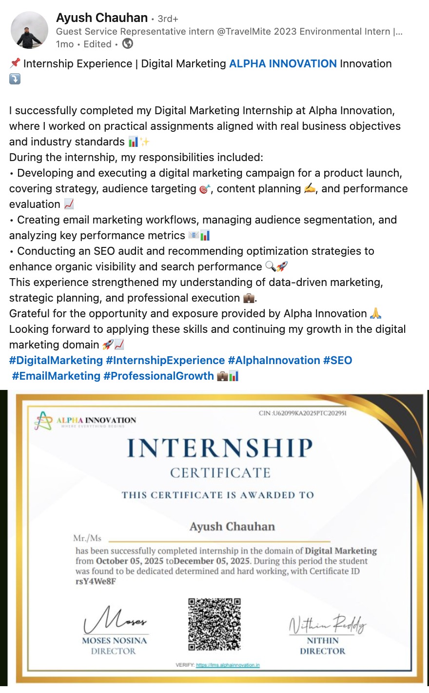 Ayush Chauhan LinkedIn post
