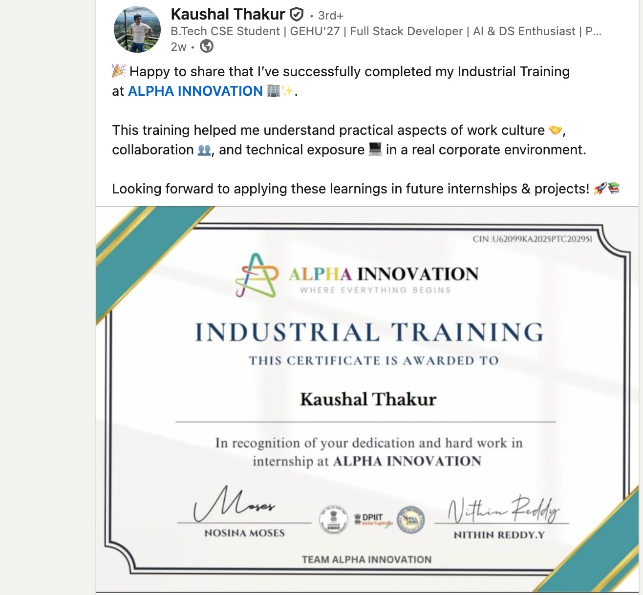 Kaushal Thakur LinkedIn post