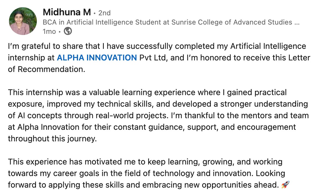 Midhuna M LinkedIn post
